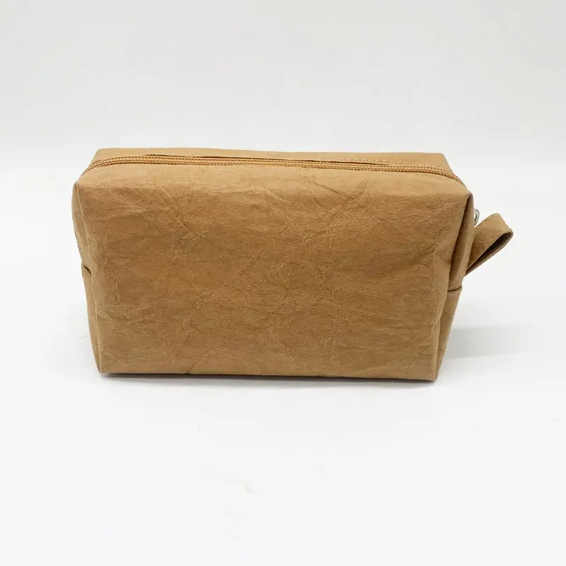 Hete Verkoop Eco-Vriendelijke Wasbare Kraftpapier Make-Up Wassen Toiletspullen Met Rits In Bruine Clutch Cosmetische Tas