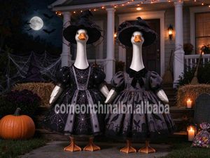 Déguisement d'oie d'Halloween pour porche, ensemble robe imprimée toile d'araignée et corbeau avec chapeau de sorcière, décoration de jardin extérieur pour les fêtes - Product Image 2