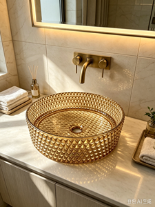 <span class=keywords><strong>Lavabo</strong></span> in Vetro Temperato Rotondo, Lavandino Dorato per Bagno, Design Moderno Europeo, Adatto per Casa, Hotel e Villa 395*395*120 - Product Image 1