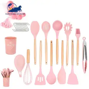 Venda quente 33pcs food grade espátula colher madeira punho silicone cozinha utensílios conjunto com balde de armazenamento