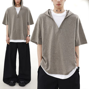 Sudadera con Capucha KingSen de Corte Holgado, Hombros Caídos, Manga Corta, Cuello en V, Suave y Casual para Hombre, Estilo Urbano - Product Image 1