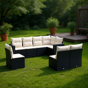 Set Divano da Giardino in Rattan Nero con Cuscini Crema, Arredamento Contemporaneo per Esterni - Product Image 2
