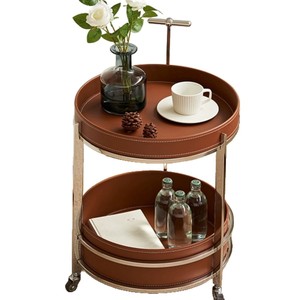 Modern Minimalist Side Table With Movable <b>Trolley</b> Stainless Steel 2 Tier Saddle Leather Beverage <b>Serving</b> Cart - Product Image 5