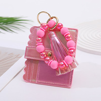 Gelang Kulit+Silikon Manik-Manik Laris Manis, Tempat Kartu Gantungan Kunci Wanita, Dompet Kartu Holografik Warna Macaron, Rumbai Pergelangan Tangan Wanita