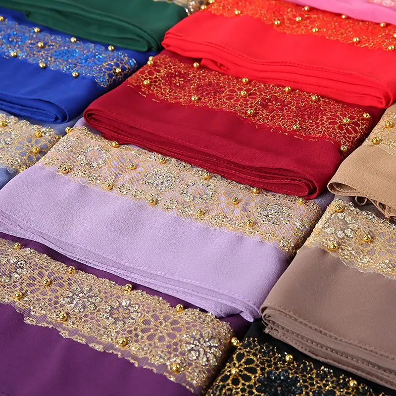 Zware Chiffon Hijab Solider Kleur Lange Soft Wrap Shawl Pailletten Kralen Parels Sjaal