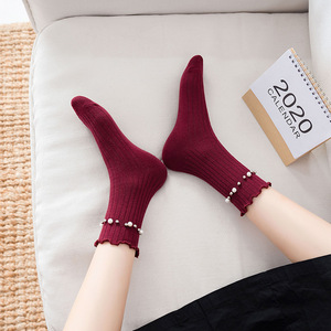 <span class=keywords><strong>Chaussettes</strong></span> ras du cou tendance pour femmes, motif volanté élégant avec perles, en coton tricoté, idéales pour le printemps – Vente en gros - Product Image 4