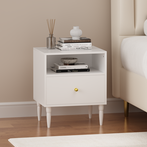 Modern White Nightstand With <b>Drawer</b> And Open Shelf Gold Knob Solid Wood Legs Small Bedside Table <b>For</b> Bedroom - Product Image 6