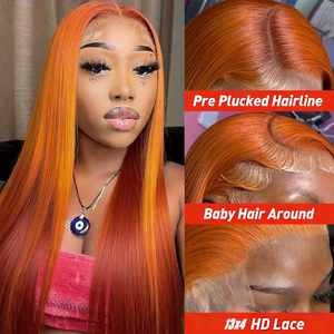 Peluca frontal de encaje 13x4 transparente sin pegamento, lisa, de cabello humano Remy brasileño 100% al por mayor, colección de colores naranja jengibre 350 - Product Image 2