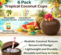 Lot de 6 gobelets en noix de coco avec pailles à fleurs d'hibiscus pour décorations de fête d'anniversaire sur le thème tropical hawaïen, plage, piscine, été