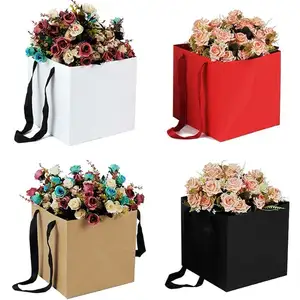Diy Valentine's Day Square Base Flower Gift Packing Paper Bags For Bouquet With Ribbon Handle