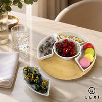 Juego de Platos para Servir en Forma de Abanico Festivo con Centro de Madera de Cerezo, Bandeja Redonda de Madera, Plato de Porcelana para Aperitivos para Fiestas