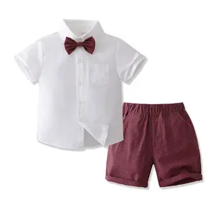 소년 여름 신사 드레스 2023 새로운 영국 스타일의 반팔 셔츠 자카드 폴카 도트 바지 소년과 소년 투피스