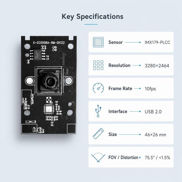 8MP 3280x2464 USB2.0 Camera Module IMX179 UVC 10fps MJPEG/YUV Plug-and-Play 1/3.2" Sensor 75.5 FoV for Office Document Capture