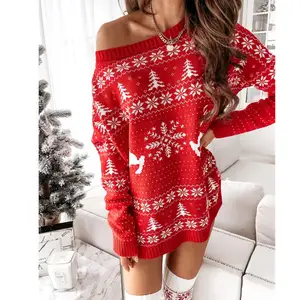 Frohe Weihnachten Kleidung Lose Damen Strick pullover Pullover Kleid Off Shoulder Frauen Gestrickt Sexy Weihnachten T-Shirts Kleider