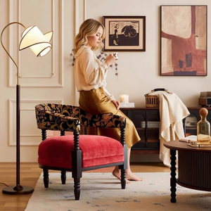 Fauteuil d'appoint contemporain en bois de frêne artisanal et tissu ramie avec pieds à cadre perlé, <span class=keywords><strong>chaise</strong></span> <span class=keywords><strong>longue</strong></span> - Product Image 1