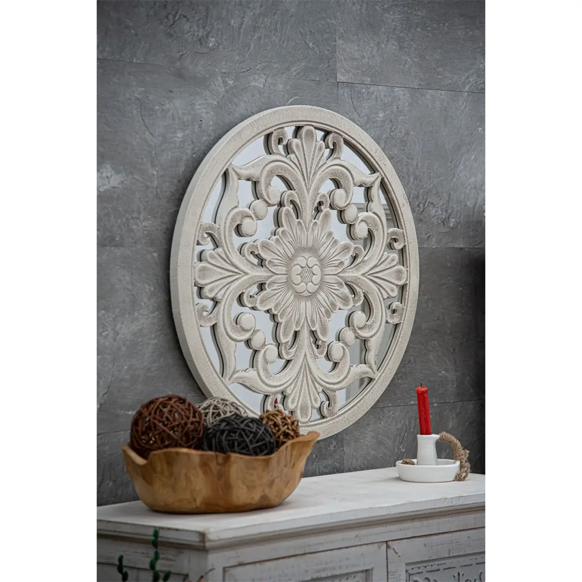 INNOVA decorazione per la casa retrò shabby chic bianco lavato rotondo in legno fiore decorazione di arte della parete con specchio