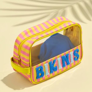 Bolsa de Maquillaje Portátil de Viaje al por Mayor, Organizador de Cosméticos Transparente de PVC con Rayas de Chenilla y Letras, para Playa - Product Image 5