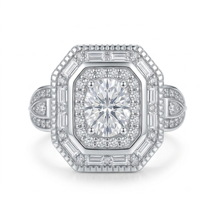 Bague de mariage pour femme en laiton rétro octogonal avec halo et diamants trapézoïdaux et ronds plaqués platine - Product Image 2