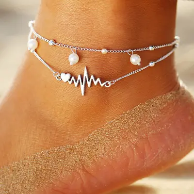 Fashion Silver Bracelet Anklets For Female Simulation Pearl Heart Beads Anklet Women Bohemian Wave Leg Chain