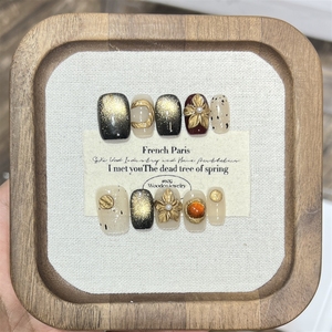 <span class=keywords><strong>Uñas</strong></span> Postizas Acrílicas Removibles Pintadas a Mano con Diseño 3D de Flores, Luna y Estrellas Doradas para Otoño, Alta Calidad, Hechas a Mano, Venta al Por Mayor - Product Image 3