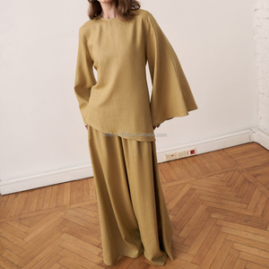 Ensemble coordonné de luxe minimaliste Willson pour femme : <span class=keywords><strong>Blouse</strong></span> asymétrique et pantalon en lin naturel, style modeste et personnalisé pour femme musulmane - Product Image 4