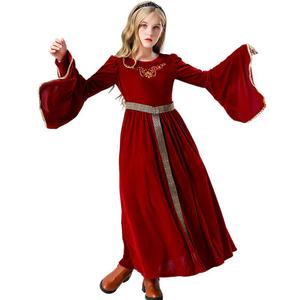 Robe longue de cour médiévale en velours, coupe trapèze, col rond, costume de princesse pour filles, robe de cosplay pour spectacle sur scène, bleu, rouge - Product Image 3