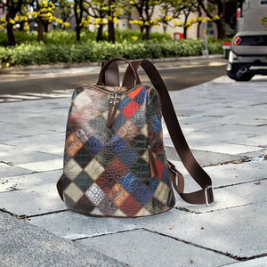 Royaa 2025 Women's Square Large Capacity Anti-Theft Waterproof PU Geometric Patchwork <b>Backpack</b> Arcuate Shoulder Strap Polyester - Product Image 3