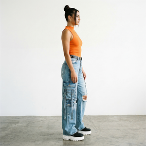 Vaqueros <span class=keywords><strong>Cargo</strong></span> Vintage para <span class=keywords><strong>Mujer</strong></span> con Múltiples Bolsillos, Ajuste Holgado, Estilo Urbano, Pantalones de Mezclilla Utilitarios, Moda Y2K, Parte Inferior de la Prenda, Etiqueta Privada - Product Image 3