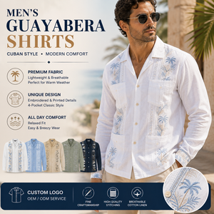 Camisas Guayaberas para Hombre, Manga Larga, Cuello Cubano, Algodón y Lino, Bordadas, 4 Bolsillos, Camisa de Playa, Logotipo Personalizado - Product Image 1