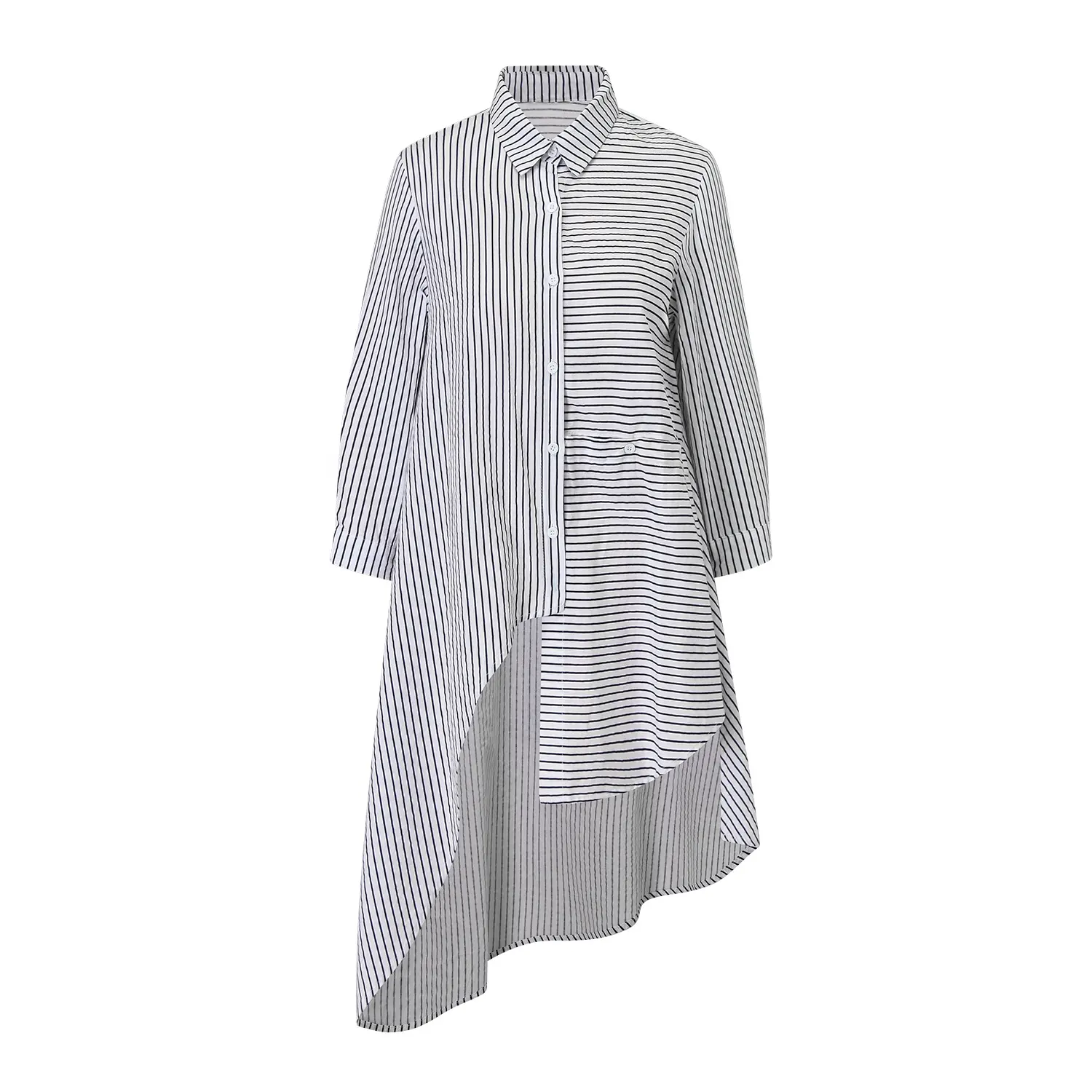 Custom Oversized Black White Asymmetric Striped Button Up Cotton Polyester Vintage Extra Long Shirt Blouses Women