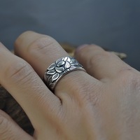 Bague ouverte unisexe large style punk, lotus noirci avec gravure du Sutra du Cœur, vintage, Pêches et Pixiu, vente en gros