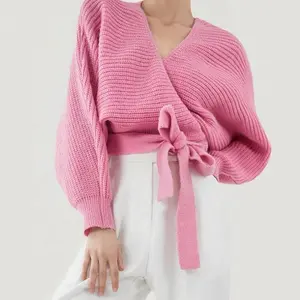 2023 Hot Sale Custom Pink Comfy Cross Front Long Sleeve Wrap Women Cardigan