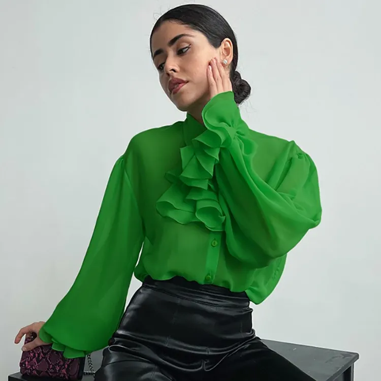 Enyami Fashion Work Leisure Elegant Chiffon Shirt Ruffle Lapel Lantern Sleeve Autumn Spring Green Shirred Casual Women Blouses