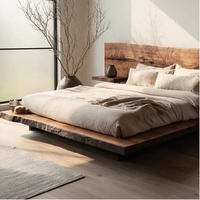 Cadre de lit queen size de style Wabisabi japonais avec tête de lit en bois massif, montage facile, lit plateforme
