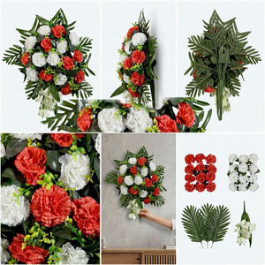 Bouquet de fleurs artificielles de carnations rouges et blanches, couronnes et guirlandes décoratives, arrangement floral pour la décoration de la maison et des événements - Product Image 6