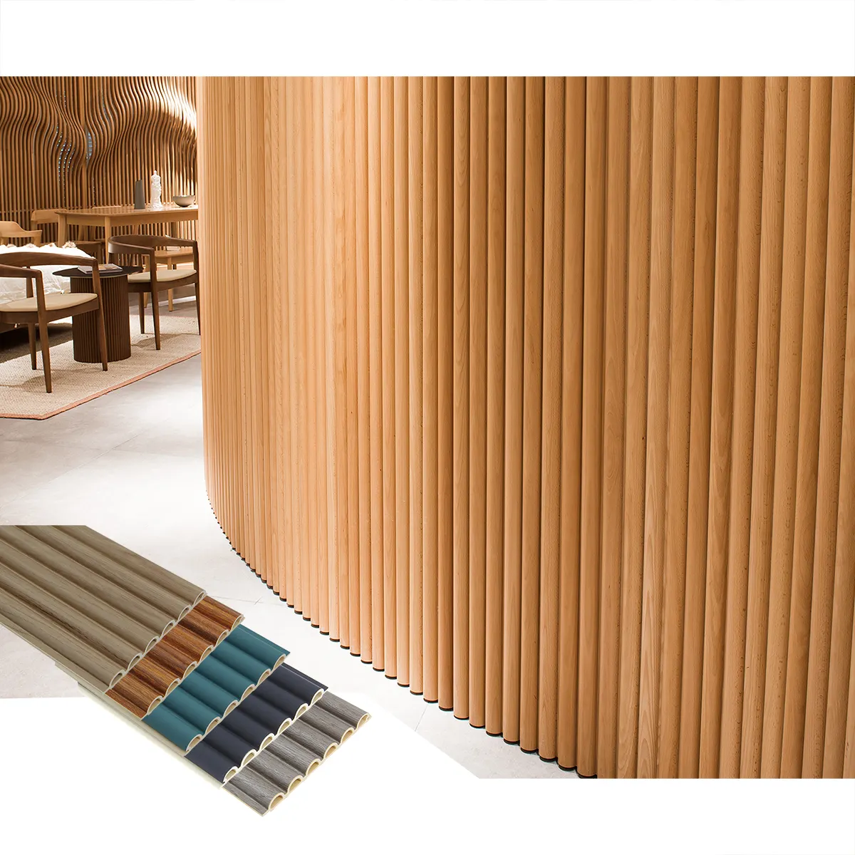 Foju 벽 패널 매트 나무 곡물 PVC WPC 3D 피리 벽 패널 인테리어 장식 대나무 벽 패널 및 보드