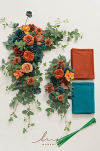<strong>Teal</strong> Orange Artificial <strong>Wedding</strong> Arch Flowers Kit Chiffon Drapes Ceremony Reception Arbor Backdrop Floral Party Outdoor <strong>Decoration</strong> - Product Image 2