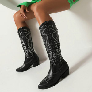 <span class=keywords><strong>Bottes</strong></span> longues pour femmes - <span class=keywords><strong>Bottes</strong></span> à talons épais de style européen vintage avec broderie, <span class=keywords><strong>bottes</strong></span> longues pour femmes en denim western - Product Image 5