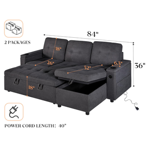 Canapé-lit modulaire escamotable 3 places en bois massif avec rangement, inclinable, ports USB, porte-gobelets, <span class=keywords><strong>tissu</strong></span> vegan, design moderne - Product Image 2