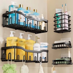 Estante organizador de cocina negro, estante de almacenamiento para baño con montaje en pared sin perforaciones, estante de ducha con marco de esquina negro - Product Image 1