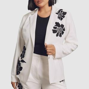 Nuevo Blazer Cómodo, Casual, Elegante, de Lino y Algodón, Cuello Holgado, Bordado Floral, Chaqueta Tejida Sólida - Product Image 1