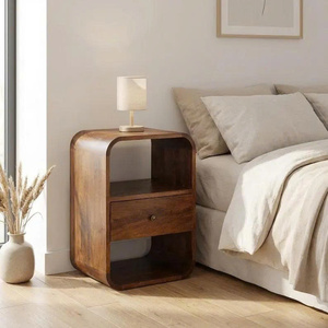 Mesita de noche curva de madera de mango, mesita de noche moderna y redondeada con almacenamiento, acabado en madera de mango natural, 2 compartimentos abiertos - Product Image 6