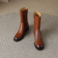 Bottes mi-mollet en cuir véritable avec boucle, talon bloc bas et fermeture éclair latérale