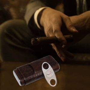 3-Finger <strong>Classy</strong> Black Brown Crocodile Pattern Leather Cigar Case With Small Humidifier and <strong>Cutter</strong> - Product Image 4