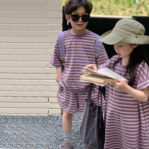 Ensembles de vêtements pour enfants tendance, ensembles courts rayés en coton, vêtements assortis pour frère et sœur, tenues jumelles d'été 2026, vente en gros - Product Image 2