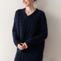 Ensemble tricoté en cachemire et laine pour femme, deux pièces, pull col en V torsadé et jupe, élégant, doux, épais, automne-hiver