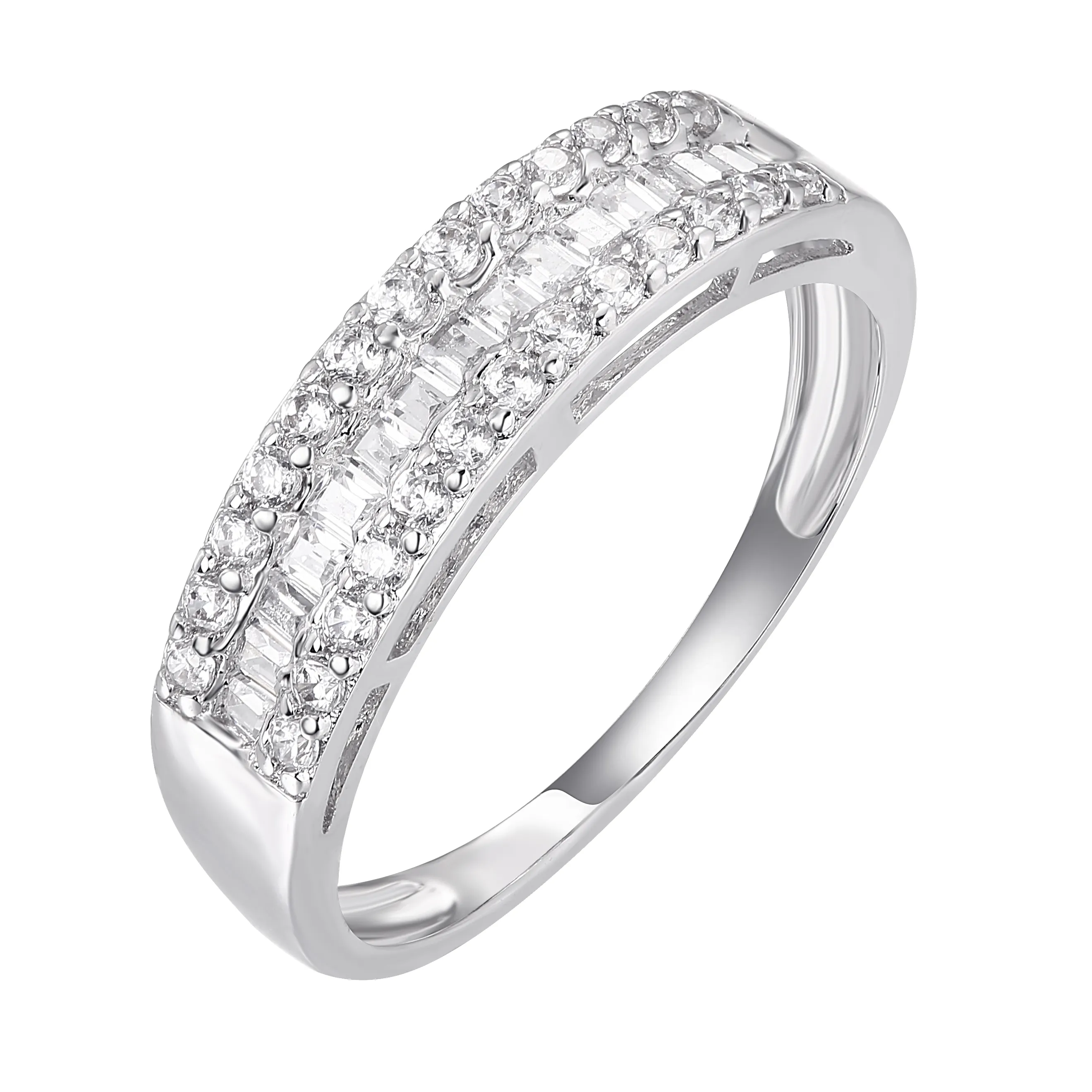 Trung Quốc Chuyên Nghiệp Tùy Chỉnh Trang Sức 18K White Gold 3 Rows Baguettes Kim Cương Engagement Rings Đối Với Phụ Nữ