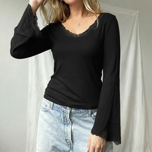 Camiseta de Punto con Cuello en V para Mujer, Otoño Invierno, con Ribete de Encaje y Mangas Acampanadas, Corte Ajustado, Elegante, para Uso Casual y de Oficina - Product Image 2