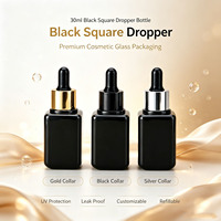 Flacon compte-gouttes carré en verre noir de 30 ml, flacon de sérum en verre vide anti-UV, flacon d'huile essentielle rechargeable et étanche