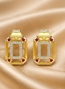 Pendientes de Plata de Ley 925 con Baño de Oro, Diseño Geométrico Rectangular, con Circonita Cúbica Roja Rubí y Circonita Cúbica Blanca, Joyería de Moda - Product Image 4